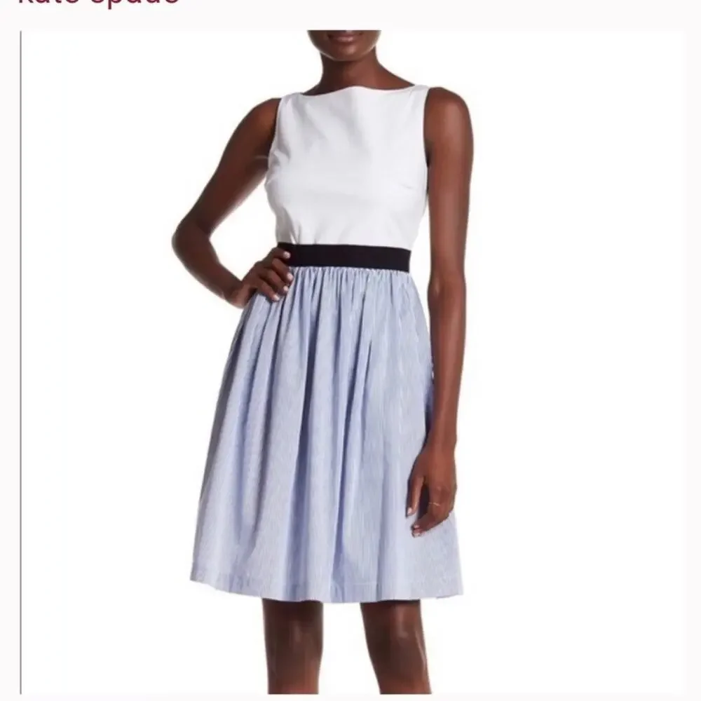 Kate Spade Broome Street Pinstripe blue & white dress. Sz 8 $229 - Picture 2 of 15